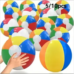 5-10pcs inflatable six-color beach ball, outdoor beach game rainbow beach ball, PVC thickened portable foldable round ball, suitable for swimming pools and beach multi-person sports parties.