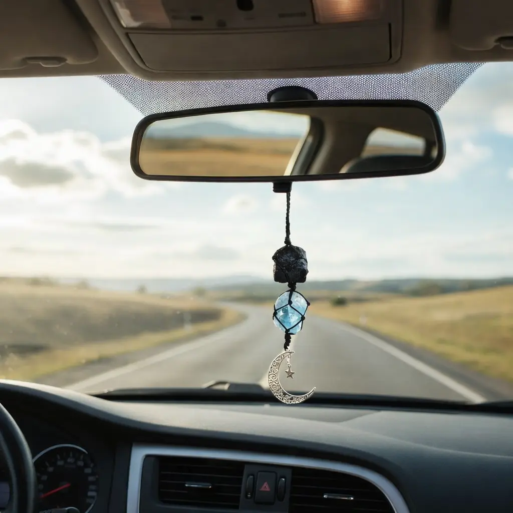 Car Rearview Mirror Hanging Charm - Handmade Witchcraft Craft, Lightweight Natural Crystal Accessory with Black Tourmaline & Celestite, Car Interior Decoration for Protection, Peace Energy & Emotional Clarity, Gift for Crystal Lovers, Natural Stone, Groun