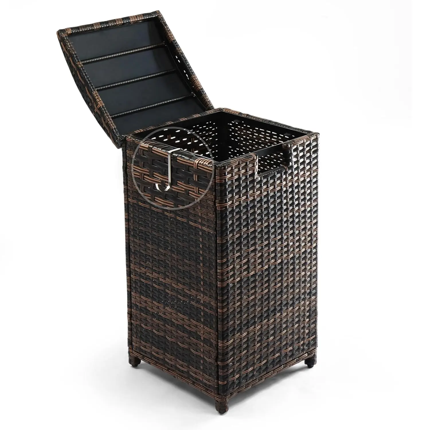 VINGLI Outdoor Trash Can, 33 Gallon Trash Can with Convenient Lid, Rattan Garbage Container with Side Hook, Weatherproof Patio Trash Can for Graden, Yard, Patio, Brown