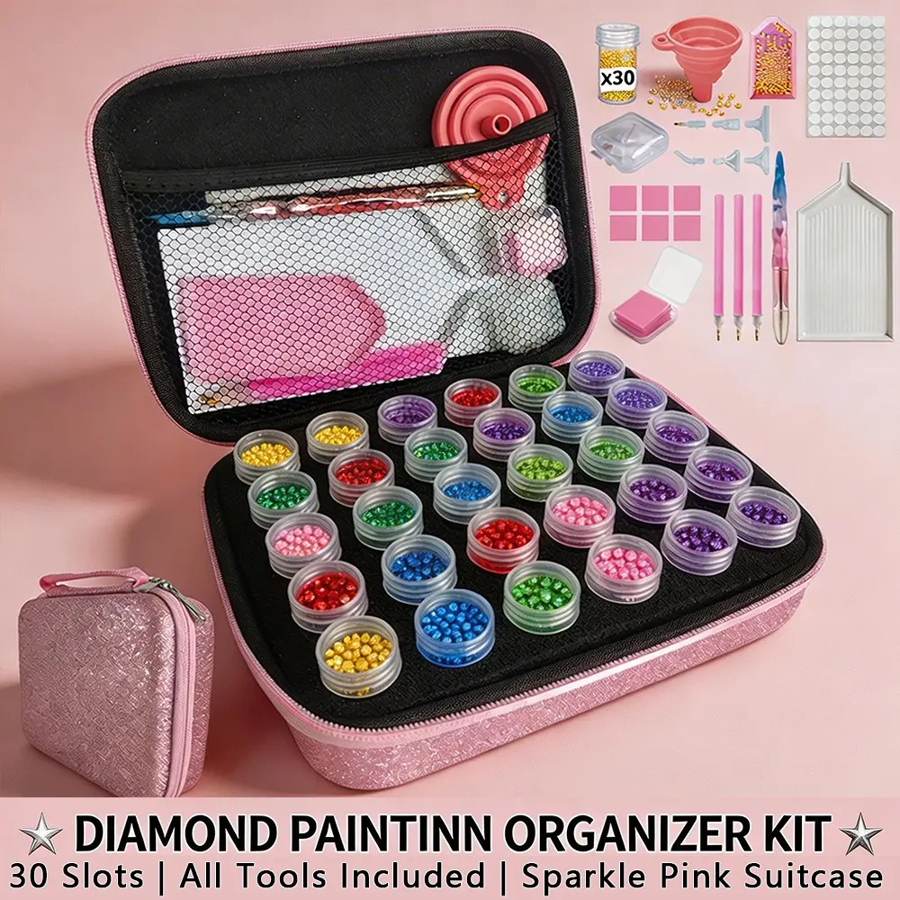 Pink Sparkle Diamond Painting Kit Organizer Case - Diamond Art Tools 30 Slots Storage with Pens Wax Tweezers Trays DIY Craft Accessories in Suitcase