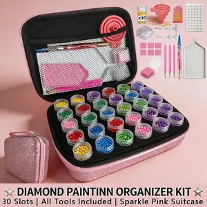 Pink Sparkle Diamond Painting Kit Organizer Case - Diamond Art Tools 30 Slots Storage with Pens Wax Tweezers Trays DIY Accessories in Suitcase