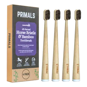 PRIMALS Horse Bristle & Bamboo Toothbrush (4-Pack) - Soft & Luxurious Horse Bristles - Plastic & Nylon Free