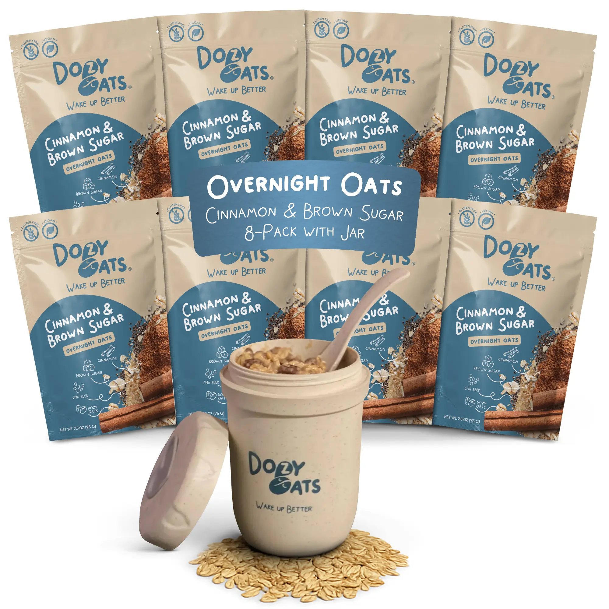 Dozy Oats Overnight Oatmeal Packets, Cinnamon and Brown Sugar Multipack with Rolled Oats and Chia Seeds. Gluten-Free, Natural Source of Protein and Fiber