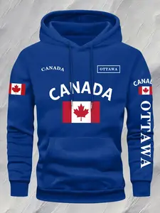 Men's Ottawa Hoodie with Flag Pattern, Casual Loose-Fitting Streetwear, Patriotic Canada City Print, All Seasons Fashion