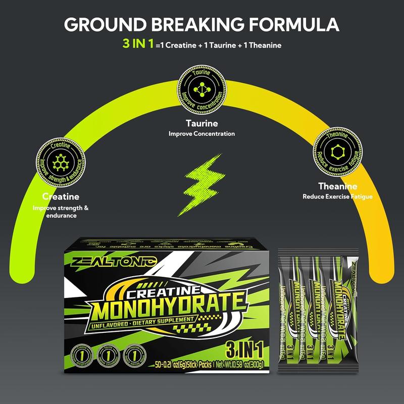 5000mg 99.9% Micronized Creatine Monohydrate Powder Stick Packs with 800mg of Taurine, and 200mg of L-theanine Supports Strength, Lean Muscle, & Recovery for Men & Women Creatine Packets 50 Servings