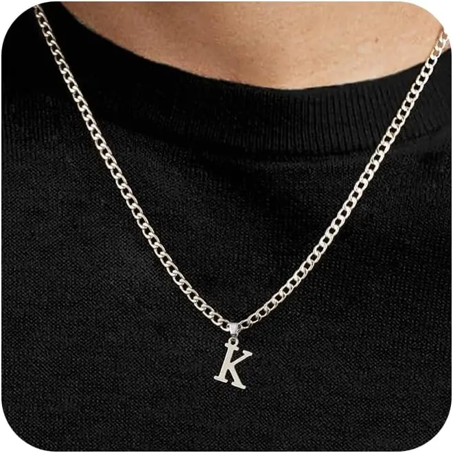 Initial A-Z Letter Pendant Necklace for Men Silver Plated Capital Initial Necklace Cuban Link Chain 4mm 20 Inch Jewelry Gift