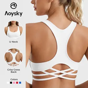 Aoysky Women's Racerback Criss Cross V-Neck Padded Low-Impact Wireless Solid Color Stretch Sports Bra, Bra for Women, Fitness Clothes Activewear Crop Top for Gym Workouts
