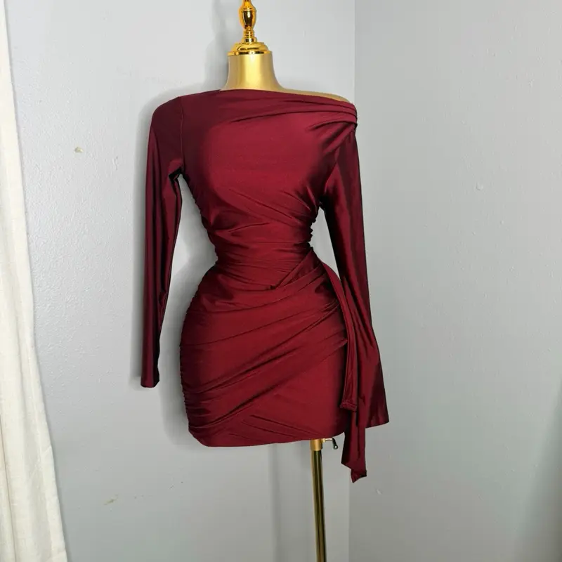 Women's Satin Burgundy Long-Sleeve Mini Dress with Side Drape