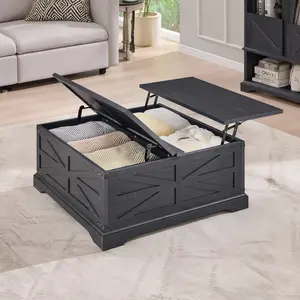 LINGMU 36” Lift Top Coffee Table with Storage, Farmhouse Square Coffee Table with Large Hidden Compartment & Removable Shelf for Living Room, Black