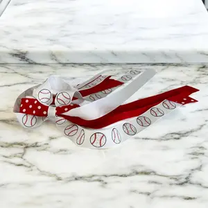 Red & White Baseball Glitter Ponytail Ribbon Bow for Girls, Sister Hair Tie