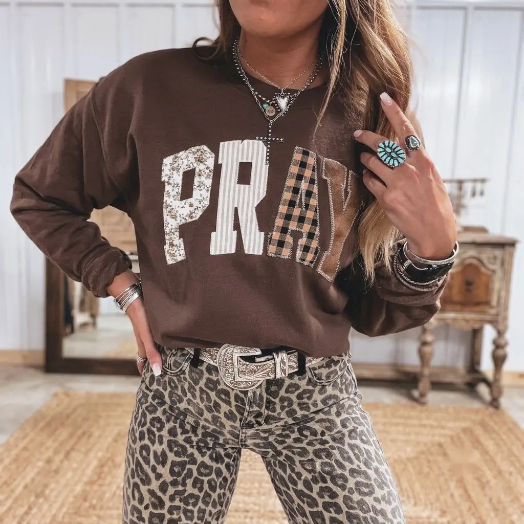 PHEFEE Women's Western Pray Graphic Sweatshirt Boho Patchwork Long Sleeve Crewneck Pullover Tops