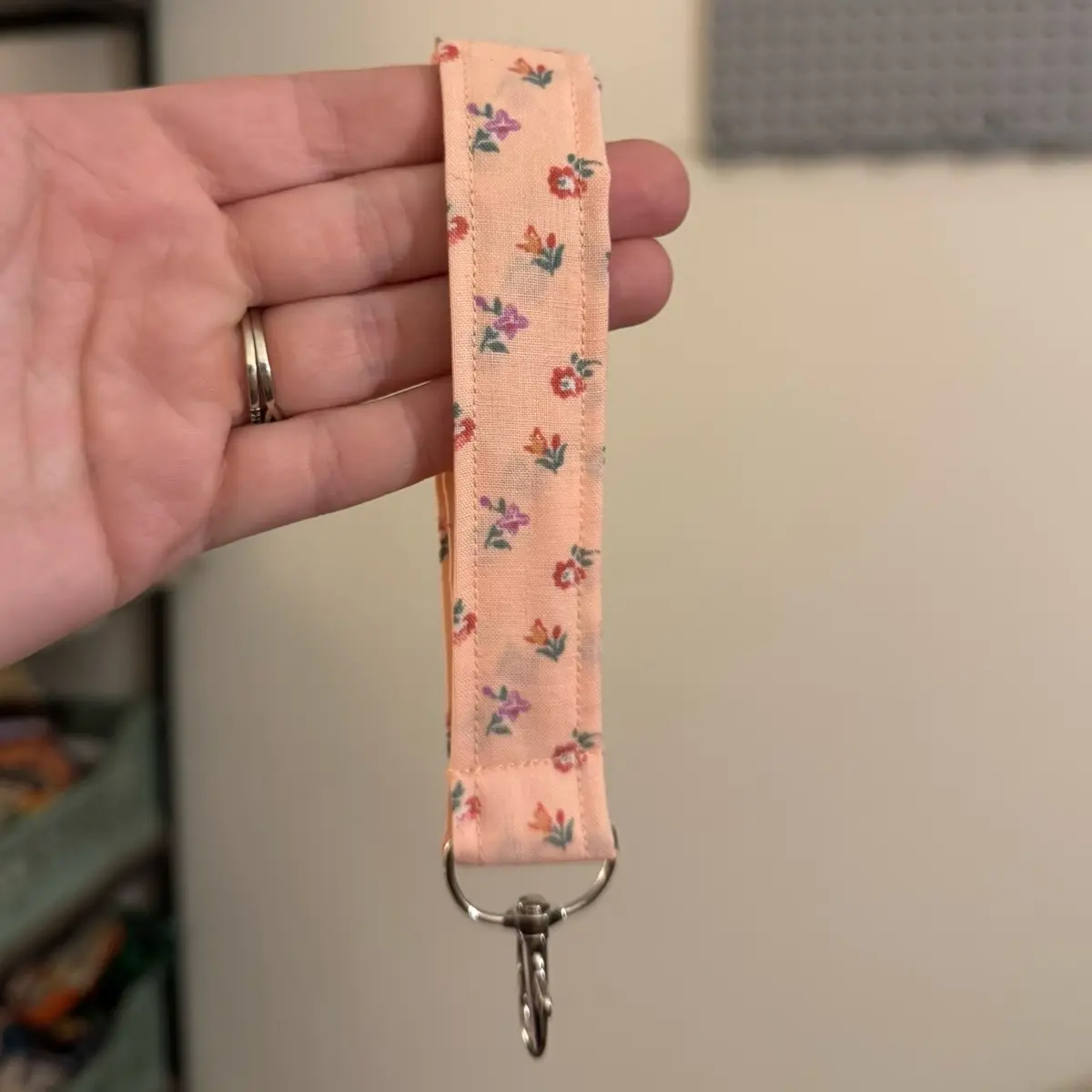Pale Pink Purple Floral Fabric Keychain Wristlet