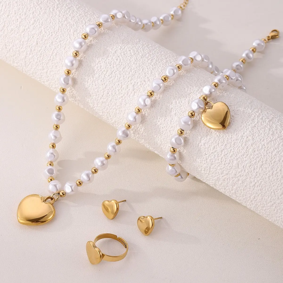 Women's Fashion Costume Jewelry Set - Stainless Steel Link Chain, Imitation Pearl Beaded Bracelet & Necklace, Gold Steel Peach Heart Pendant, Female Stud Earrings