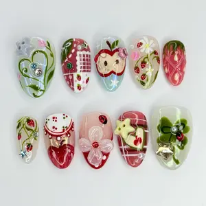 Handmade Strawberry Apple Press On Nails with 3D Flower, Colorful Garden Inspired Press On Nails, Adorable Kawaii Nail Art, Apple Nails