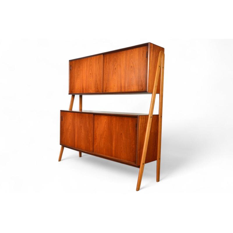 DOUBLE TIER DANISH MID CENTURY CREDENZA IN TEAK + OAK