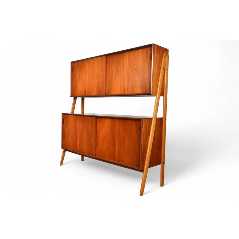 DOUBLE TIER DANISH MID CENTURY CREDENZA IN TEAK + OAK