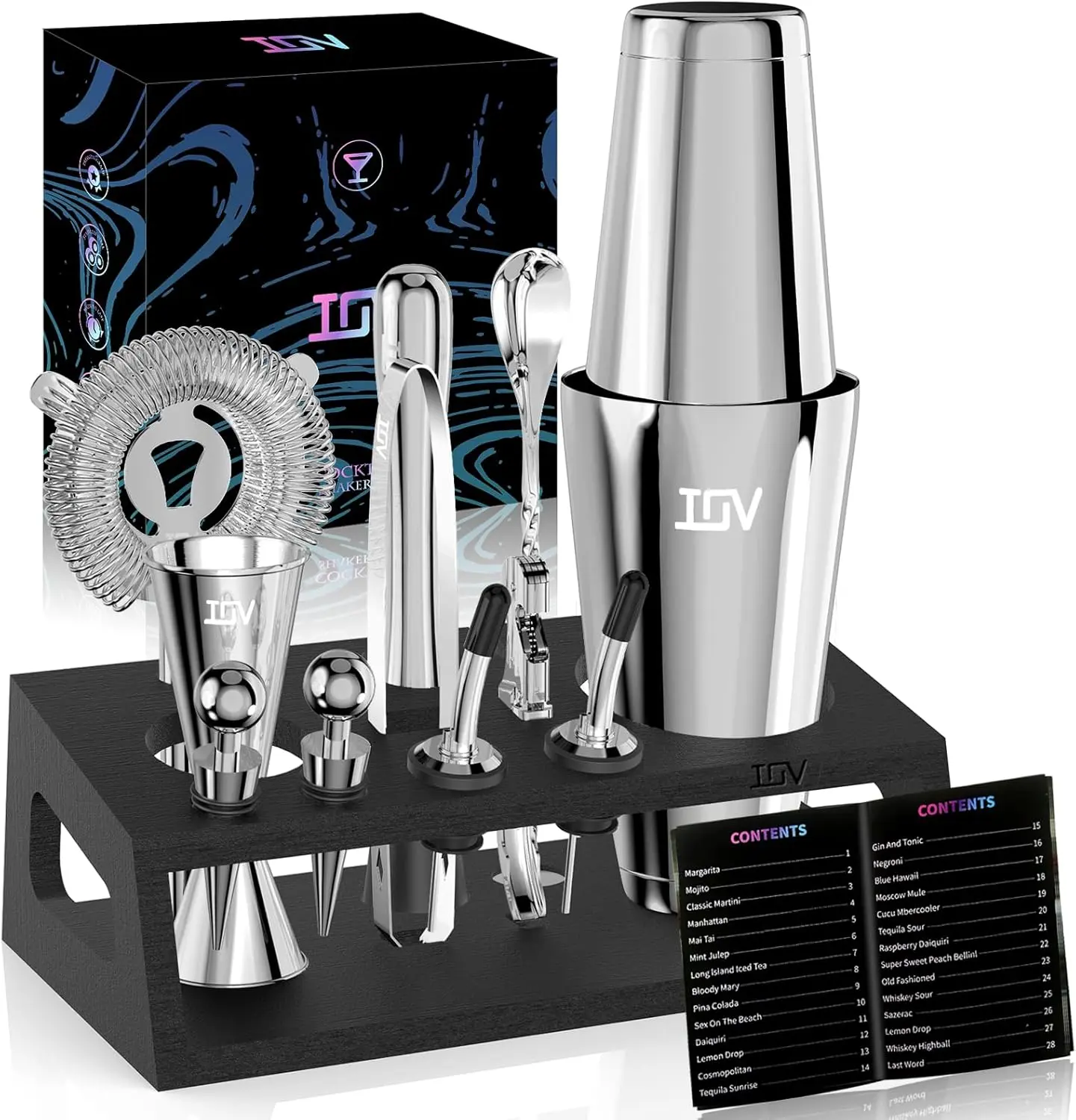 IOV 12-Piece Stainless Steel Boston Shaker Kit - Home Bar Cocktail Shaker, Bamboo Bottle Rack, Drink Tongs & Bar Tools for Parties #Summervibes, Utensils, Set