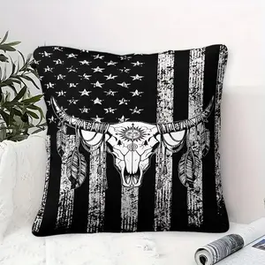 Distressed Flag Bull Skull Feather Throw Pillow, Soft Decorative Cushion, Comfort Square Pillow for Bedroom Sofa Couch Man Cave Cabin Dorm, Perfect Patriotic Western Home Decor Gift for Cowboy & USA Lovers