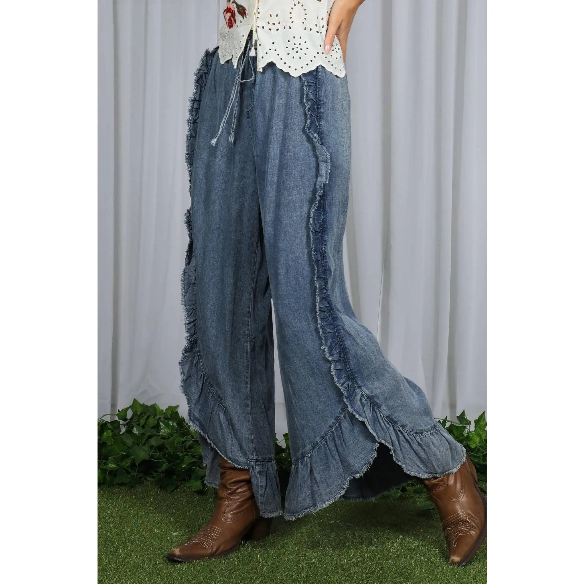 Vine & Love - Flared Ruffle Hem Washed Chambray Crop Denim Pants Vine & Love - Flared Ruffle Hem Washed Chambray Crop Denim Pants