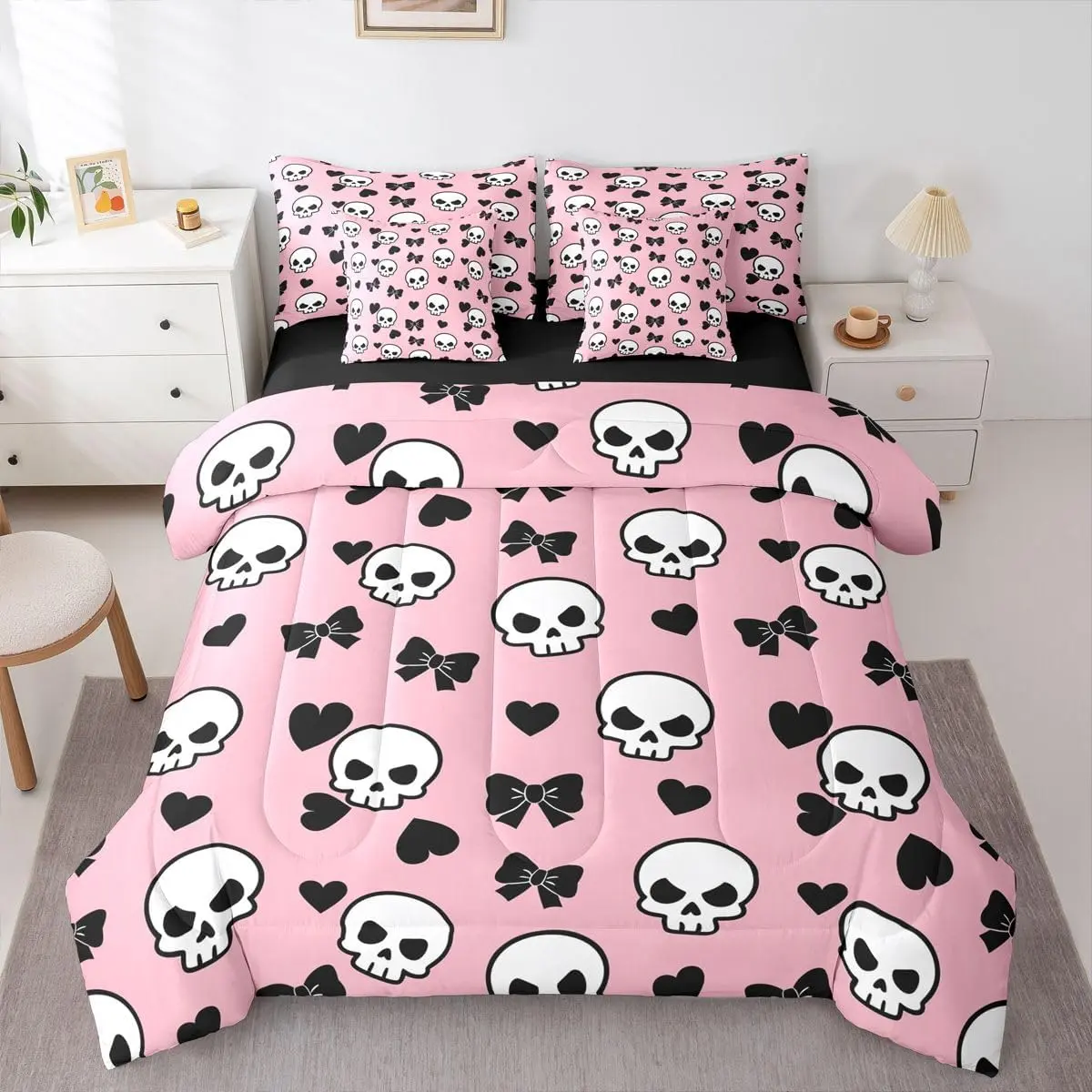 Cartoon Skull Comforter with Sheets Bowknots Love Hearts 7 Piece Bedding Set Fashion Polyester Bed in a Bag Pink Black Soft Bedding Comforters