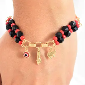 Red Black Beads Bracelet Azabache Figa Hand Bracelet Size - 7.5"