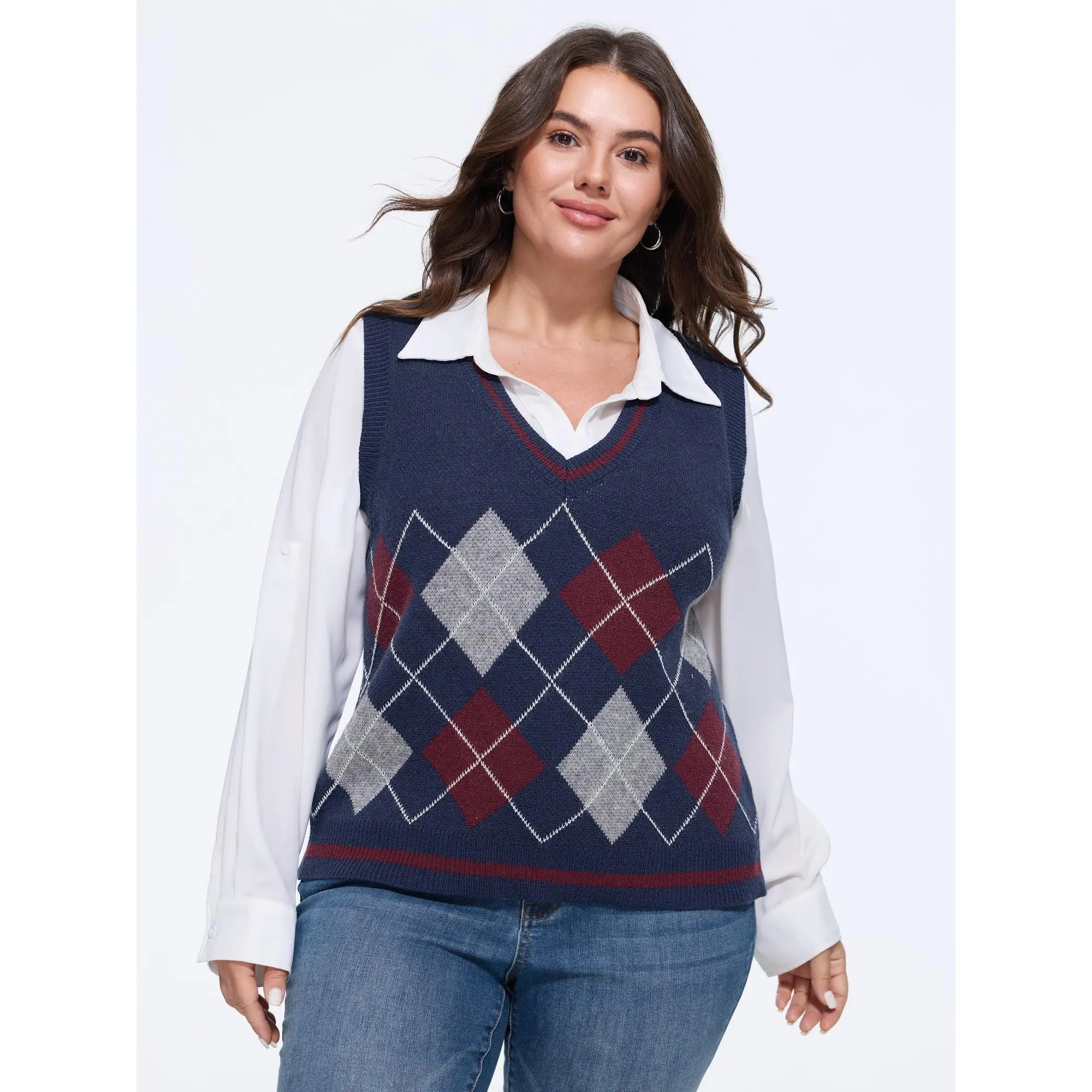 BLOOMCHIC Women's Plus Size Argyle Color Contrast Knit Sweater Vest [M-6X], Back To School Fall Pick