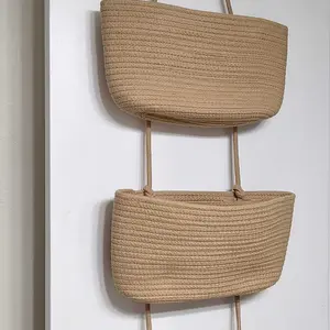 3-Tier Woven Cotton Over-the-Door Hanging Wall Basket - Jute Home Organizer Storage, French Country House Decor & Aesthetic Room Decor for Dorm Room, Natural Feel Warm Charm Solution