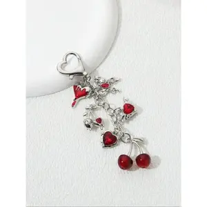 Y2K Style Keychain, Alloy Key Ring With Rhinestone Inlaid Cherry Heart And Wing Butterfly Design For Daily Use And Holiday Gift Giving