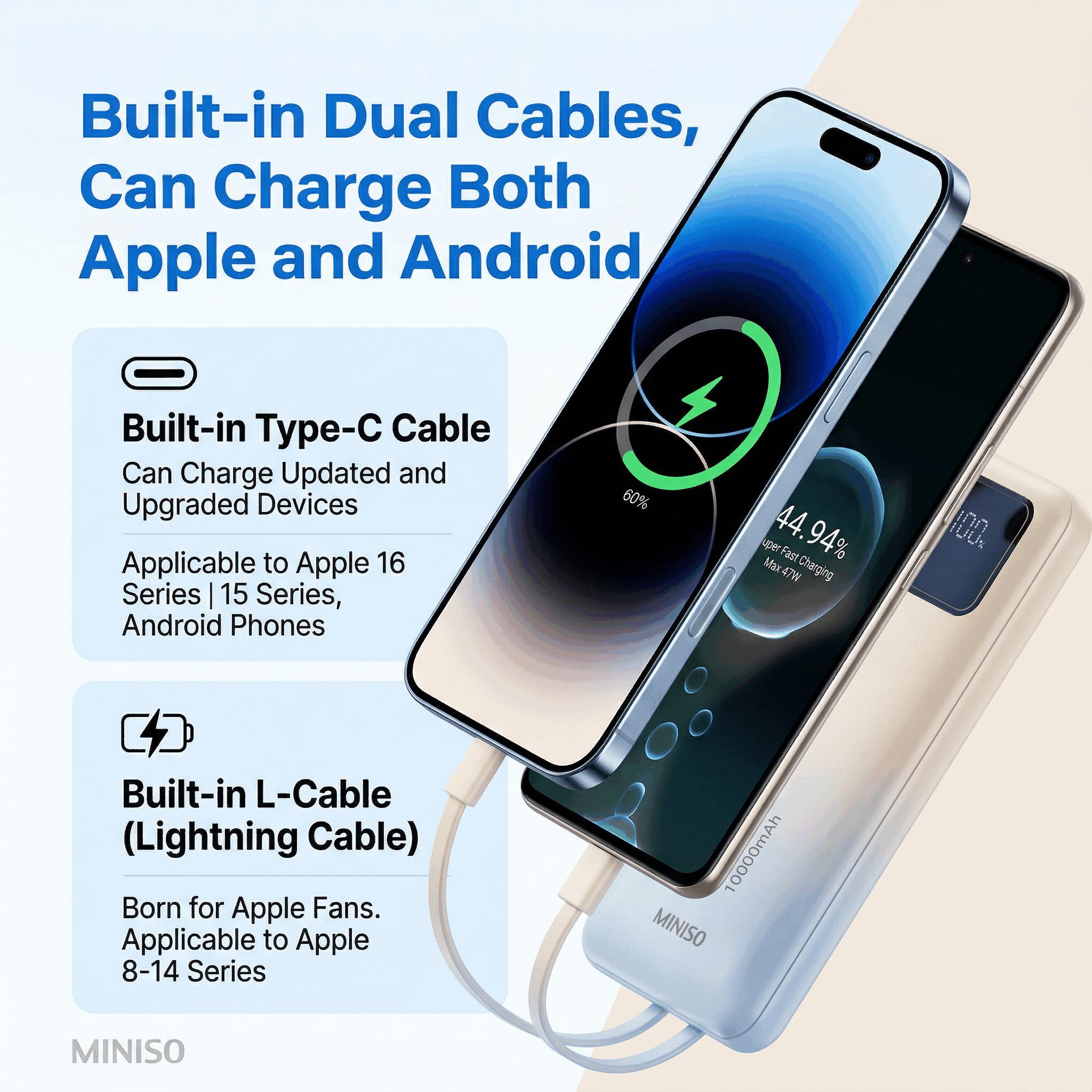 MINISO 2026 New Built-in Cable Power Bank  3C Certified, Fast Charging, Airline Approved, Slim Portable High Capacity, AirlineApproved ,TechGadget ,Travel Essential