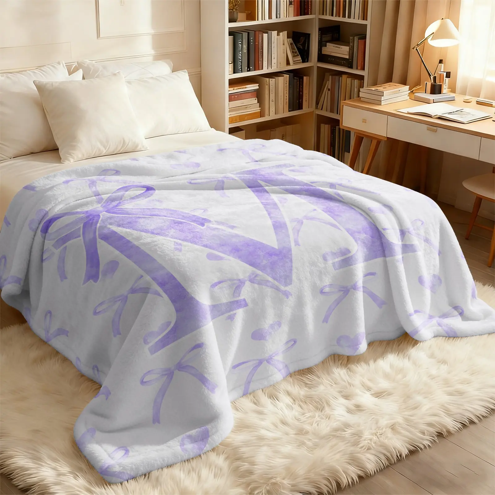 Custom Letter M Purple Bow Throw Blanket, Personalized Coquette Watercolor Ribbon Letter M Blanket for Her, Soft Flannel Blanket with Heart Pattern, Ideal Birthday & Bridal Shower Gift