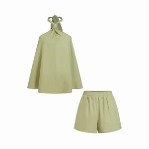 Cider Linen-blend Halter Neck Twist Knotted Oversized Top & Mid Rise Shorts Set