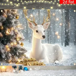 1pc 2D Flat banner, Christmas Theme Party Banner, Glowing Christmas Tree White Reindeer Snowflake Pattern Photography Backdrop, Polyester, Suitable for Christmas Winter New Year Holiday Wall Hanging,