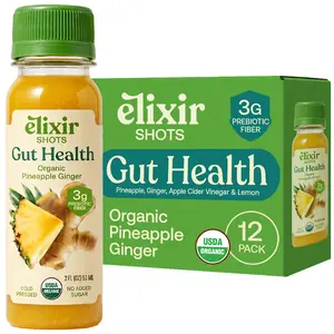 Elixir Shots Gut Health (12-pack) Cold Pressed Shots with Peruvian Ginger, Lemon, Pineapple, Apple Cider Vinegar and Chicory Root Fiber, 2 oz bottles