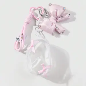 1 piece sweet, stylish, versatile, fresh pink/blue wrist strap with rhinestone bow and braided cord, transparent small storage pouch, DIY keychain bag charm; suitable for women’s everyday wear, ideal as a holiday gift.