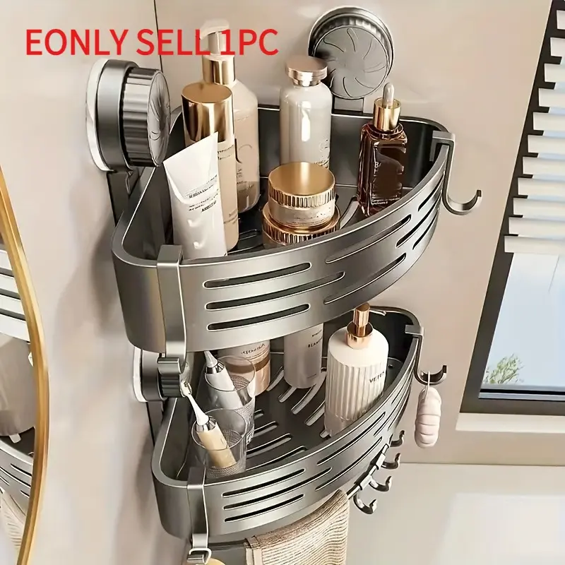 Space Suction Cups Bathroom Shelves - Bathroom Space Saver, Bath Storage Holder, No Drilling Required, Powerful Triangular Shelves with Hooks for Shower and Toilet Walls/Tiles, Versatile Storage Shelves, Durable Shower Organizer