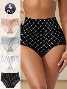 QUASTI 4 PCS High Waist Cross Pattern Sexy Milk Ice Silk Fabric Women's Briefs Tummy Control Soft Mix Colors Seamless Cool Comfortable Silky Touch Fit Everyday Wear Elegant Cute Style Briefs S-XXL Panties Smooth Matching Polyester Black White Gray Pink