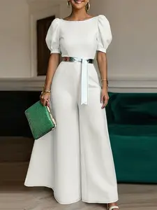 Women's Elegant Round Neck Short Sleeve Puff Sleeve Jumpsuit, No Belt, Casual Daily Wear, Loose-Fitting, Floor-Standing Hem Womenswear