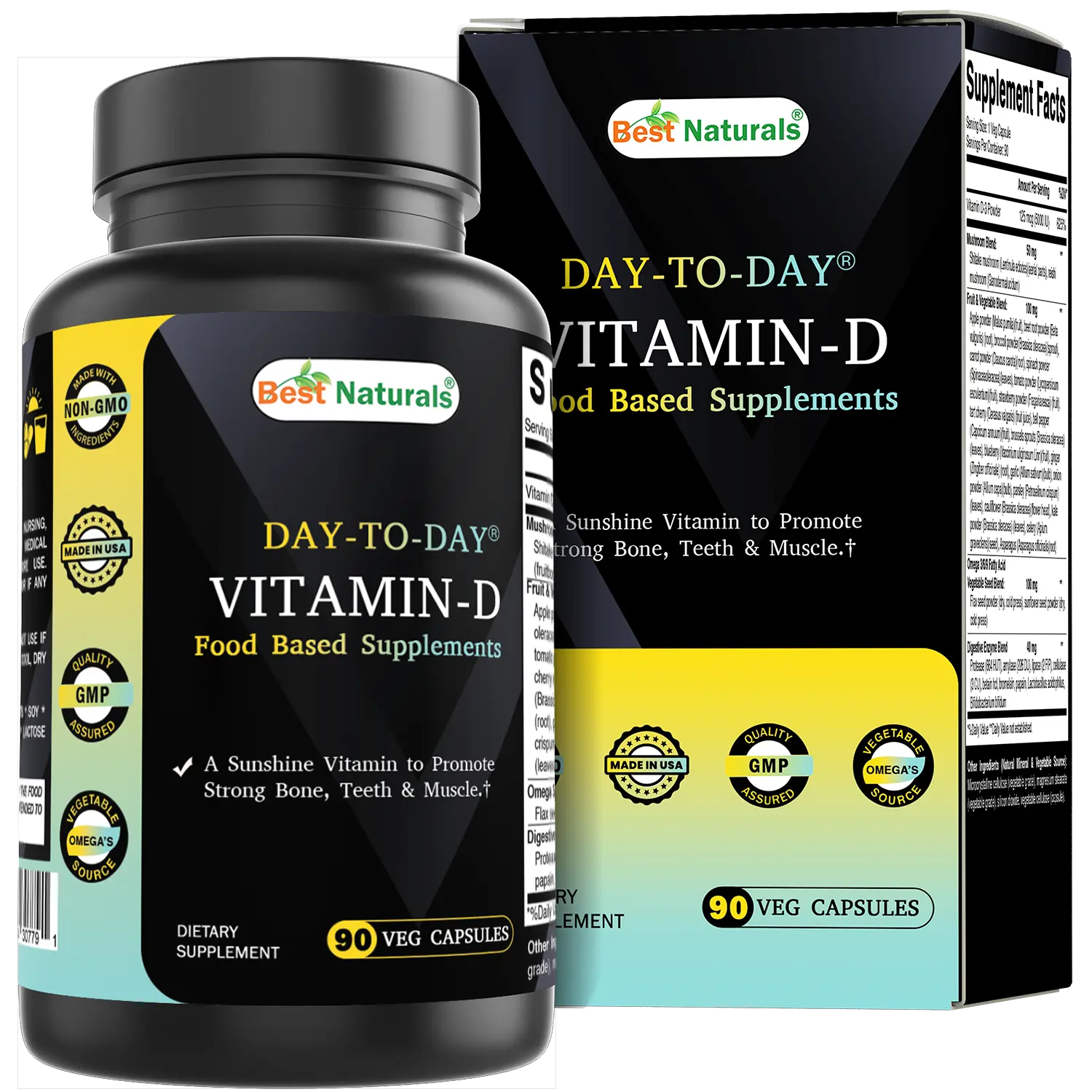 Best Naturals Day-to-Day Vitamin D 5000 IU 90 Veg Capsules - Made with Mushroom Blend, Fruit Vegetable Blend, Omega 3-6-9 Blend, & Digestive Blend