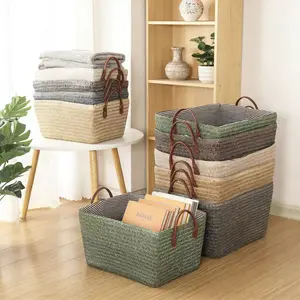 Woven Paper Storage Basket with Leather Handles, Decorative Wicker Basket Set for Organizing Clothes, Books & Towels, Farmhouse Home Decor for Living Room & Bathroom