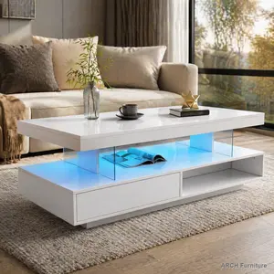 VIBE HAUS LED Built-In Casual Flat-Top Coffee Table with Storage, Modern Living Room Accent Furniture with 2 Drawers and Display Shelves, White WL RR, Built-In Coffee Tables, Casual Coffee Tables