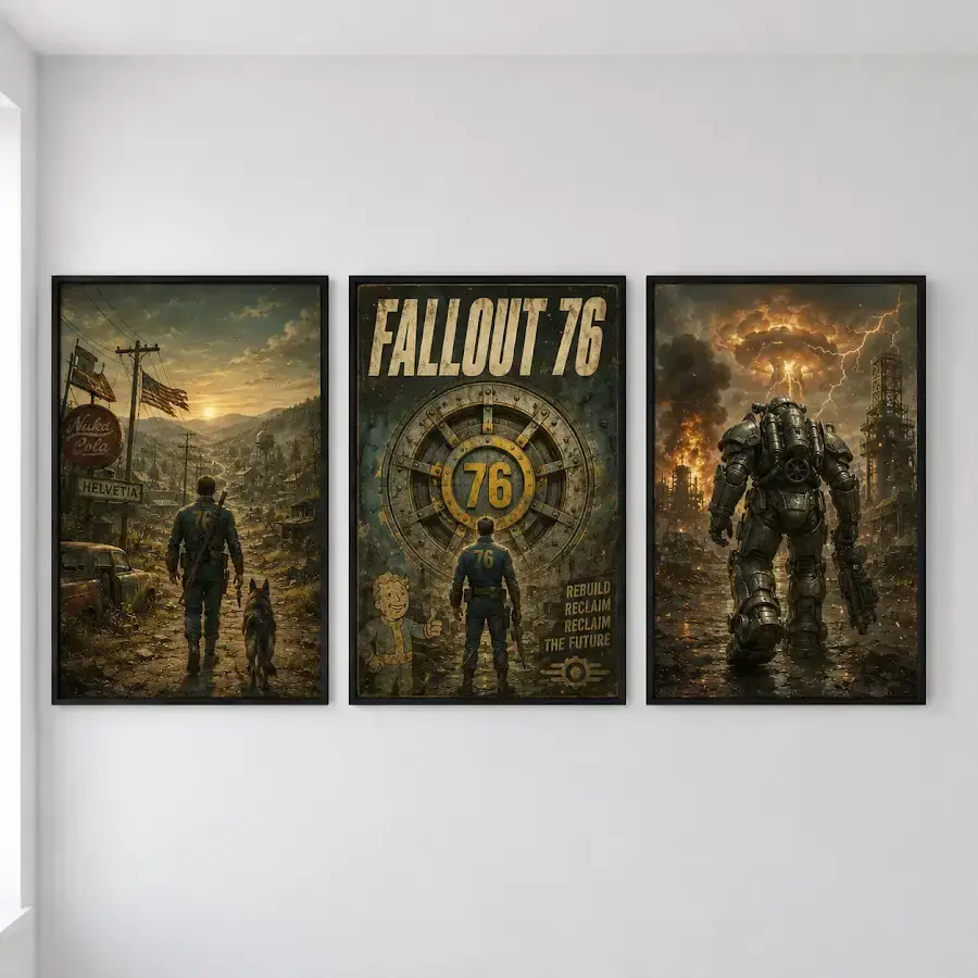 Fallout 76 Wasteland Appalachia 3 Panel Wall Art, Vault 76 Survivor Post Apocalyptic Video Game Poster Set