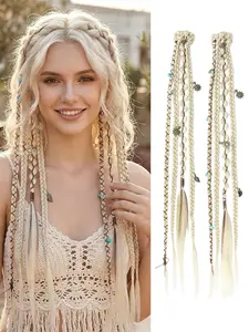 20 Inch Boho Dreadlock Clip-In Braids, 2 Pcs Handmade Synthetic Braid Hair Extensions, Beads and Charms, Fashion Accessories for Women