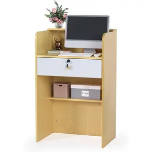 OmySalon Reception Desk with Counter, Small Front Checkout Desk w/Lockable Drawer, Wooden Modern Reception Table for Salon Lobby Office Home