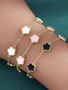 3-piece/set women's elegant lucky flower bracelet set, black, white, pink matching, fashionable and casual style, suitable for daily wear, Stackable Bracelets, Bracelet Stack