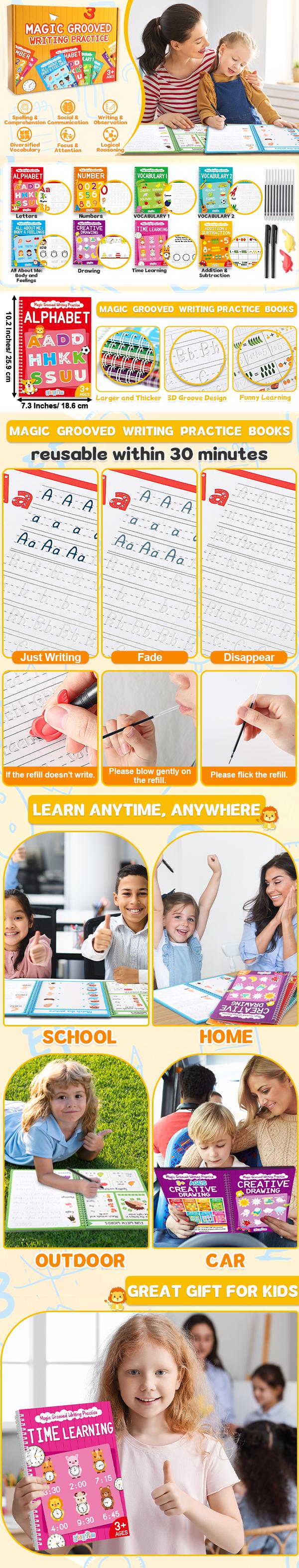 8 Pieces Magic Grooved Writing Practice copybooks Disappearing Ink Pens Reusable Groove Workbooks Tracing Handwriting Practice Without Tears for Kids Kindergarten Preschool Supplies,10.2 x 7.3inch