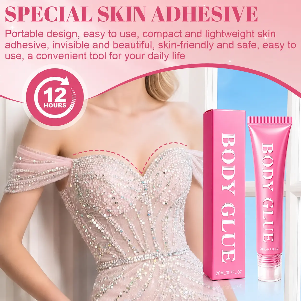 Women's Body Adhesive (20G/0.7oz) - Gentle, Long-Lasting, Slip-Resistant Fashion Body Glue, Mini Portable On-the-Go Tube, Essential Accessory for Backless Gowns, Strapless Bras & Invisible Underwear