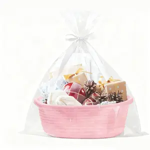 Boho Rope Woven Gift Basket Set 12"x 8"x 5" with Handles Ribbons and Bags for Bathroom Organizer Cotton Rope Storage Solution for Baby Gifts and Everyday Use - Shelf White