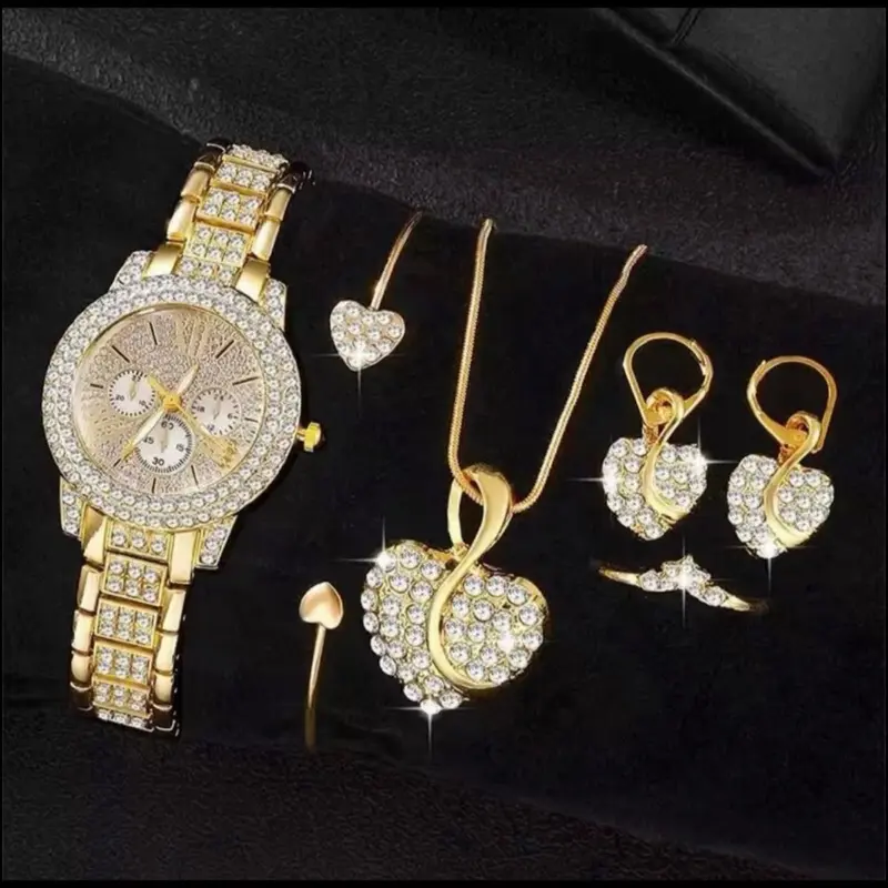 Luxury Women’s Watch & Jewelry Gift Set – Piece  of Gold watch, Necklace, Bracelet, Earrings & Ring Gift Box for Women, Wife, Mom