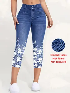 Women's Tight Fit Seven-Quarter Pants, Faux Denim Print, Slim-Fitting Casual Bottoms, All Season Wear, Comfortable and Stylish, Leggings