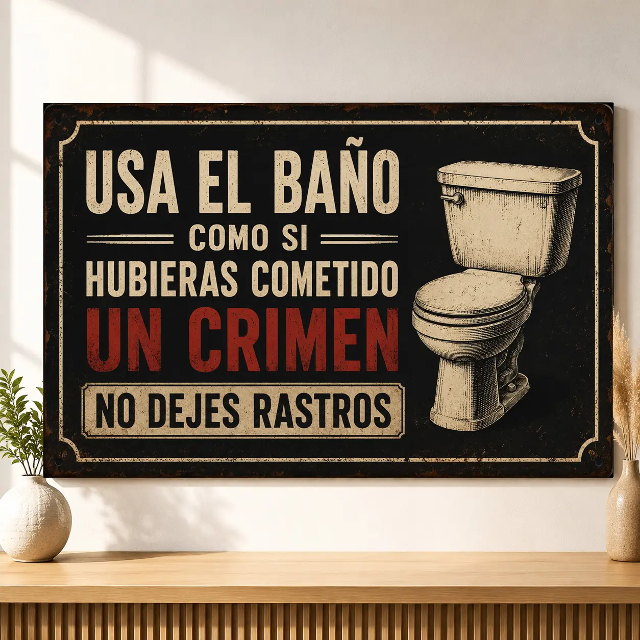 Funny Bathroom Canvas Wall Art Printed with "USA EL BAÑO COMO SI HUBIERAS COMETIDO UN CRIMEN NO DEJES RASTROS" and Toilet Image, Humorous Restroom Canvas Print, Bathroom Wall Decor for Home, Guest Bathroom